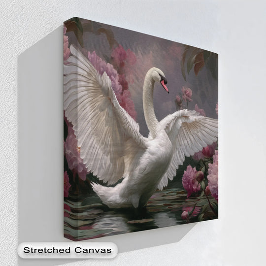 Elegant swan canvas print with pink peonies and romantic floral background

