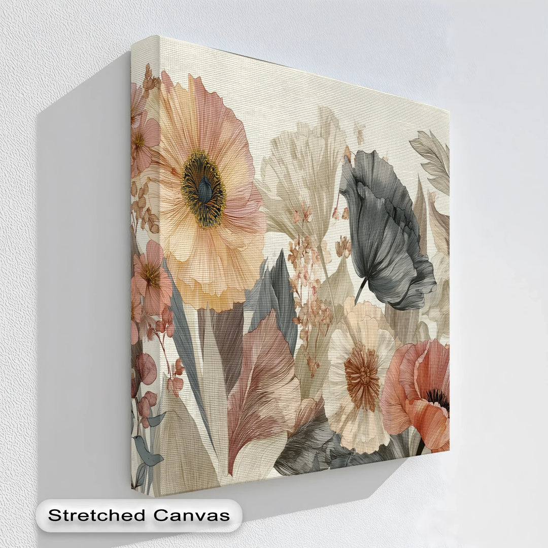Neutral-toned floral canvas print with vintage poppies and petals

