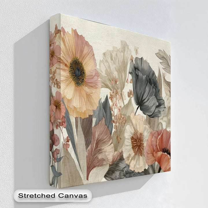 Neutral-toned floral canvas print with vintage poppies and petals

