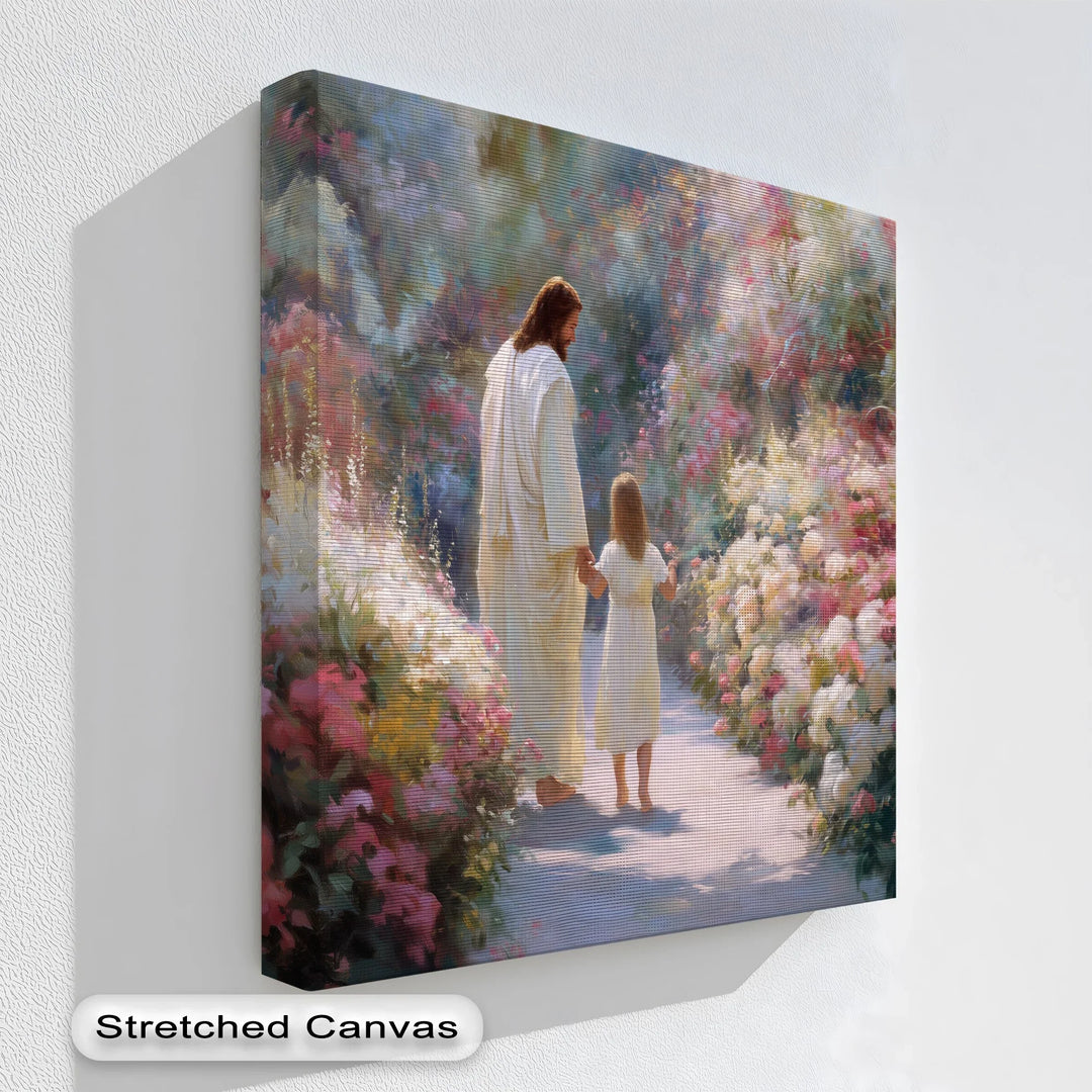 Christian canvas print with Jesus and child walking through blooming garden

