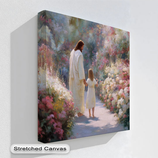 Soft hues define this 'Guided in Grace' canvas painting featuring Jesus leading a child through a vibrant, pastel-colored garden path.