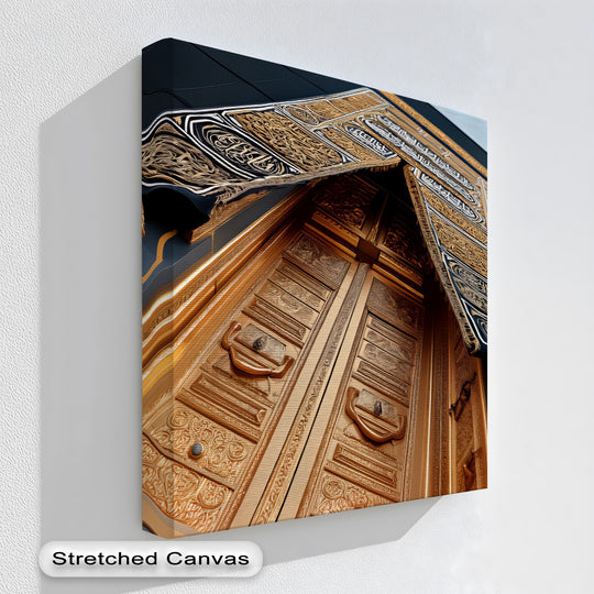 Canvas wall art golden Kaaba door with sacred Islamic architecture plus spiritual artwork and elegant faith interiors