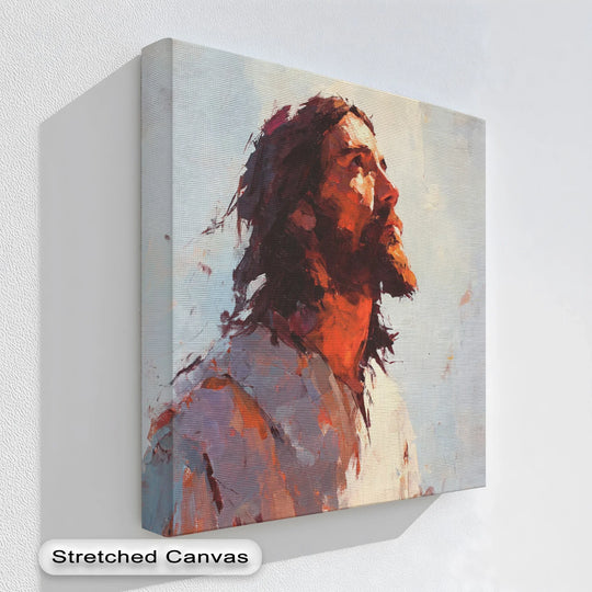 Predominantly warm-toned, the divine light portrait showcases the reverent gaze of Jesus as a beautiful addition to your canvas wall decor.