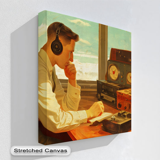 Visual rhythm is established by the lines of the vintage listener at work framed canvas print, contrasting vintage tech with thoughtful focus.