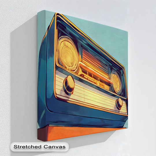 Intense color contrast highlights the sun-kissed orange and bold blue hues of this nostalgic Sunwave Tuner retro radio canvas pictures.