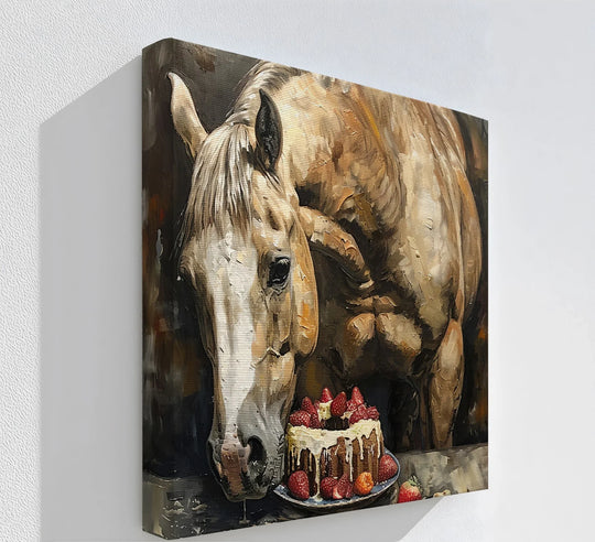 The artist-grade material enhances the best canvas prints of this Sweet Tooth Stallion canvas, showcasing the humorous horse and strawberry cake in a rustic animal art print.