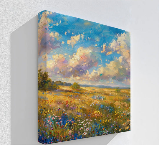 The delightful Golden Meadow Bloom canvas print showcases a vibrant wildflower landscape, offering captivating canvas pictures under a serene, painted sky.