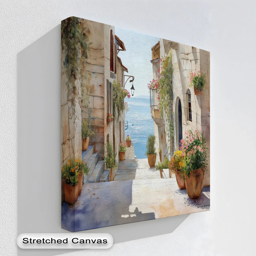 Charming seaside village alley canvas print with floral accents

