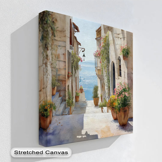 Organic trailing vines and potted floral arrangements soften the architecture in this sunlit coastal scene, a big canvas prints offering a serene sea view.