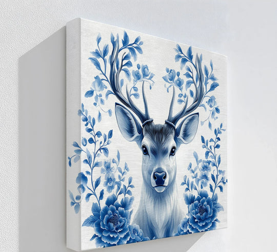 Floral-Antlered Deer in Blue – Nature-Inspired Canvas Print - MyPhotoStation