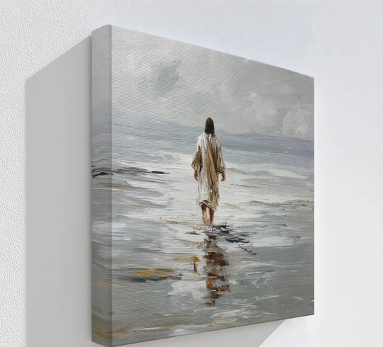The darkest area of the 'Sacred Solitude' canvas painting depicts the reflection on the shore, adding depth to this spiritual canvas painting.