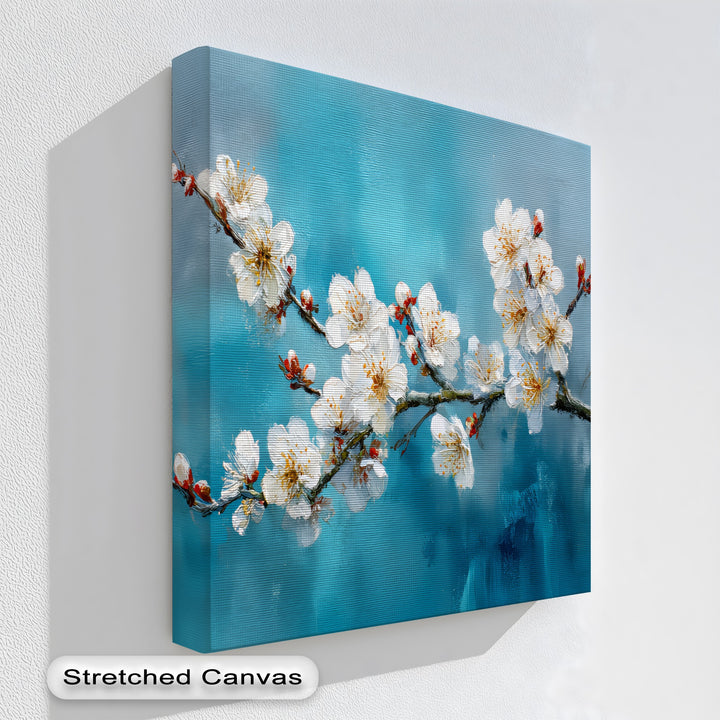 Blossom Serenity – White Cherry Blooms on Blue Canvas Print