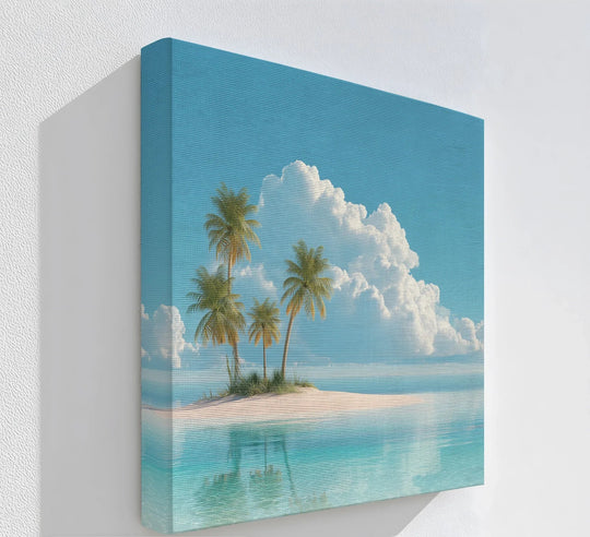 Canvas shows a textured weave enhancing the tropical island paradise minimalist palm beach scene with a unique canvas print effect.