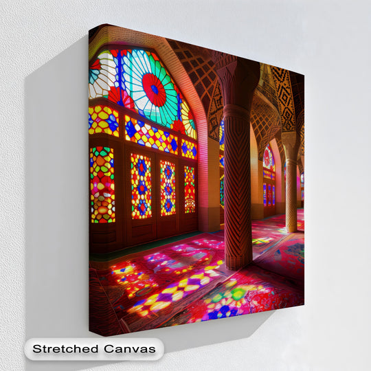 Sunlight casts patterned color across the floor in this vibrant, detail-rich framed canvas print depicting the Sunlit Splendor Hall, evoking the beauty of Persian architecture.