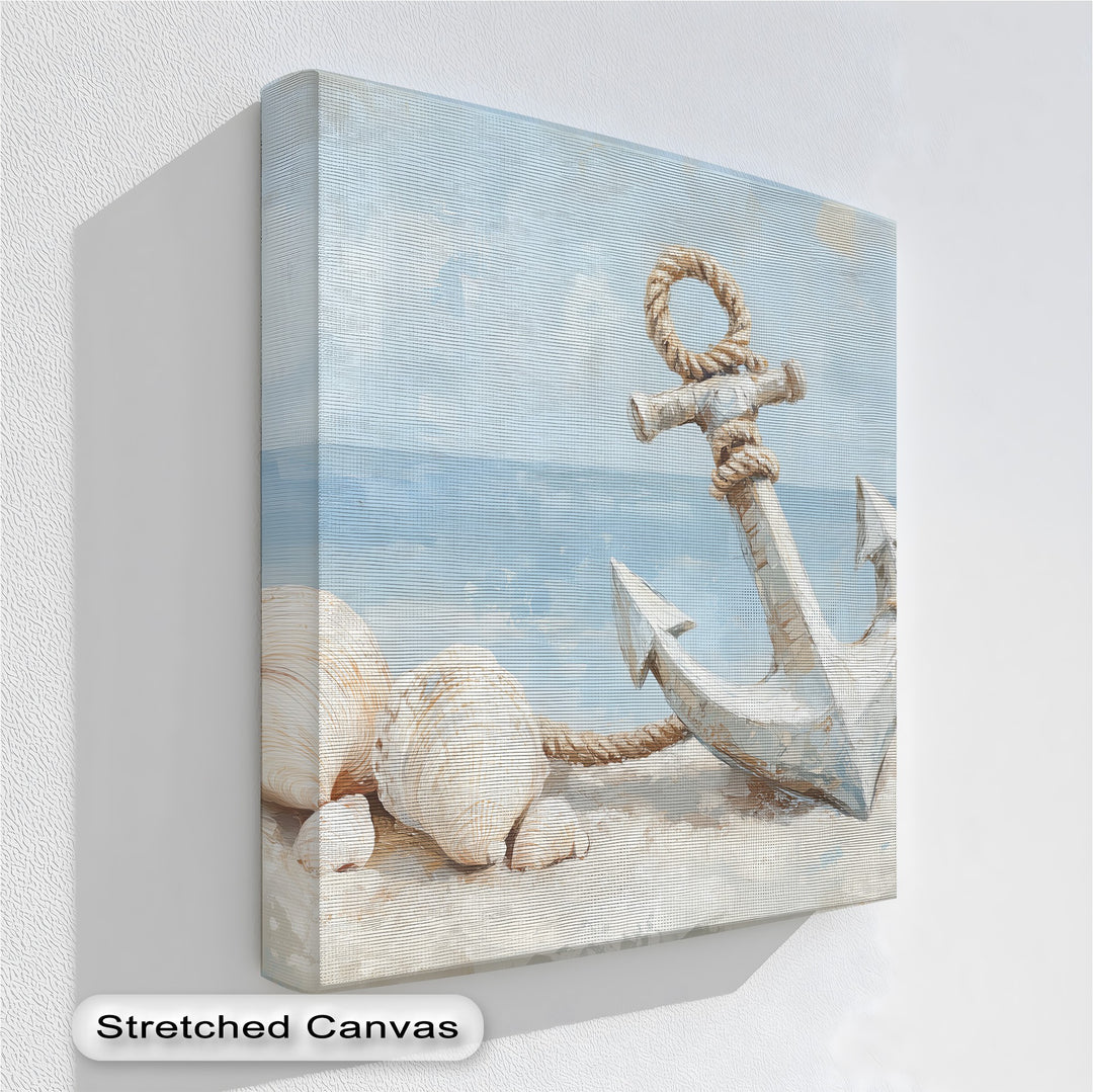 Bring seaside serenity into your space with this coastal canvas wall art featuring a detailed anchor, seashells, and sailboat—perfect for beach-themed interiors.

