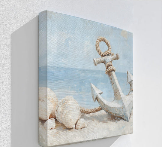 With its cool color temperature, this anchor and seashells canvas painting print evokes a serene coastal ambiance.