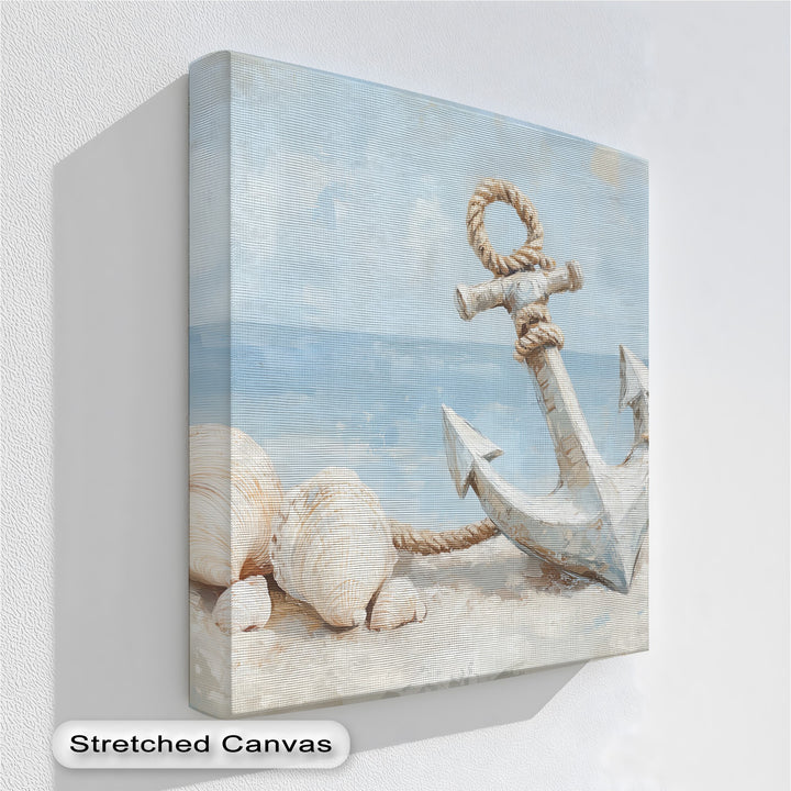 Bring seaside serenity into your space with this coastal canvas wall art featuring a detailed anchor, seashells, and sailboat—perfect for beach-themed interiors.

