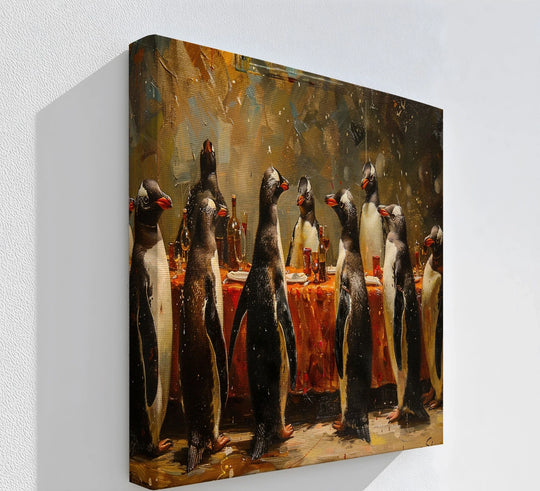 Subtle painterly brushstrokes comprise the softest element in this whimsical animal Penguin Banquet canvas artwork, displaying a comical gathering of dressed-up penguins.