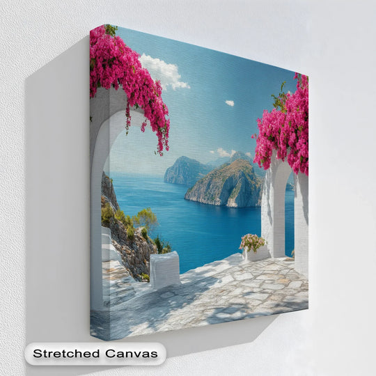 With realistic detail, a Mediterranean Cliffside Arches with Bougainvillea canvas pictures print captures a stunning coastal scene with flowering arches and turquoise sea.
