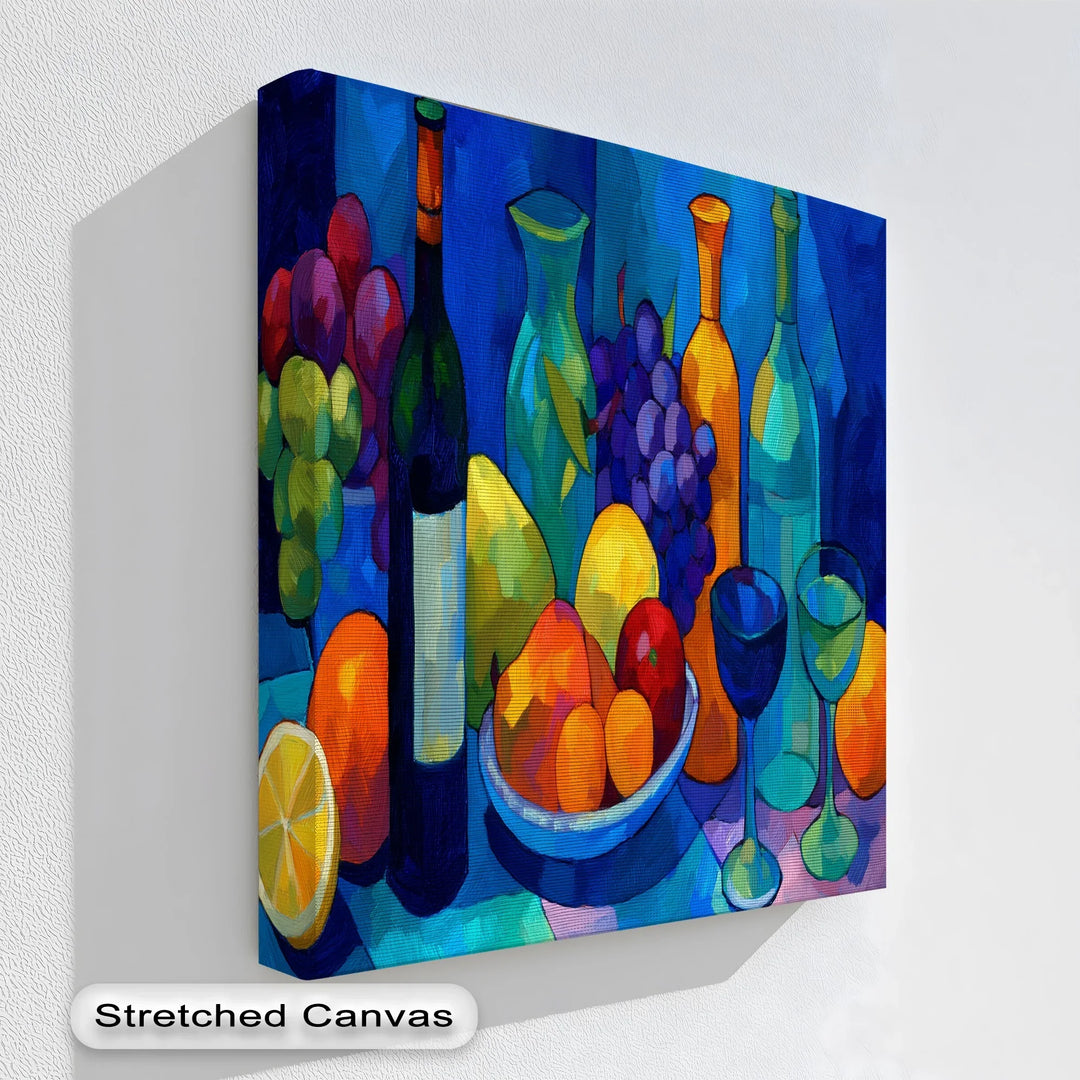 Colorful still life canvas print with fruits and wine bottles

