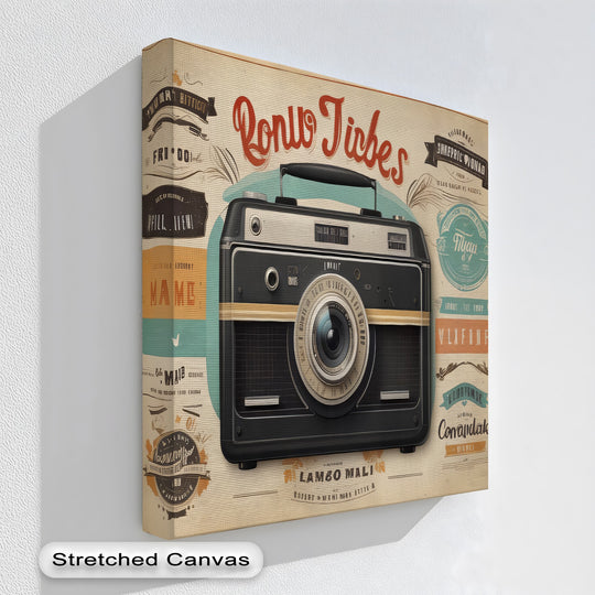 Foreground details highlight the hanging canvas featuring a retro camera design layered with a collage of vintage typography.