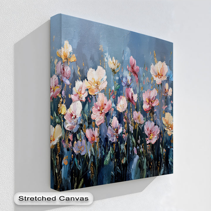 Twilight Bloom – Elegant Garden Flowers on Blue Canvas Print