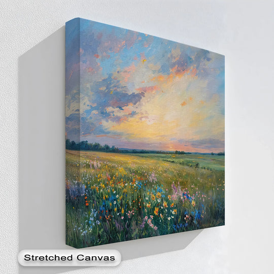 Warm color temperature radiates from this wildflower meadow landscape canvas artwork, featuring a sunset sky and field of colorful blooms.