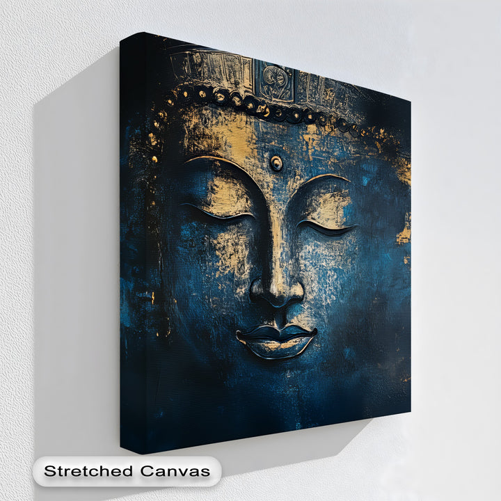 Mystic Serenity – Golden Buddha Face on Midnight Blue Canvas Print