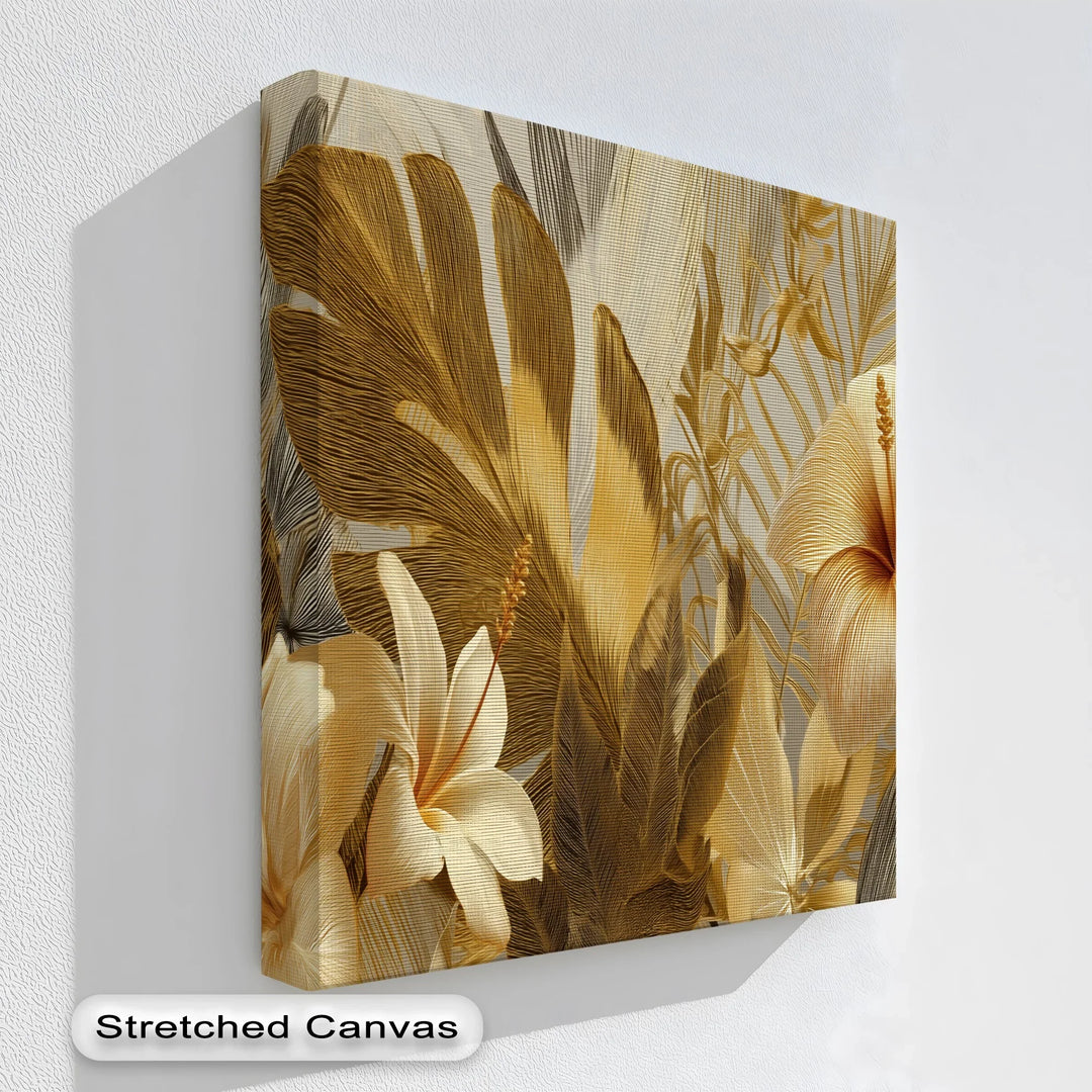 Luxury tropical canvas print with golden hibiscus flowers and palm leaves

