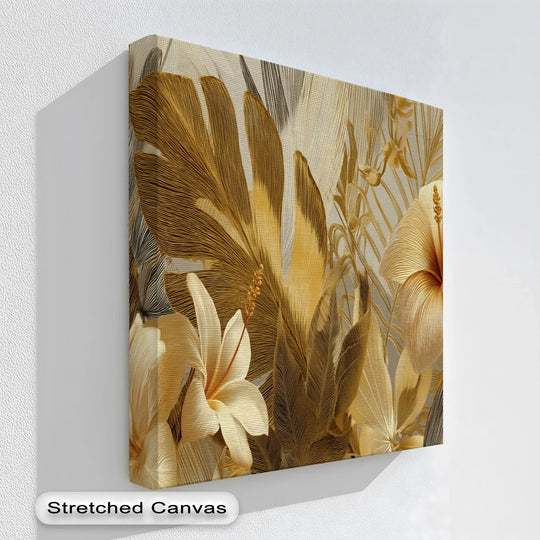 The focal point of this golden tropics canvas art print showcases detailed hibiscus and palm leaves, exemplifying elegant canvas art ideal for adding a touch of luxury.
