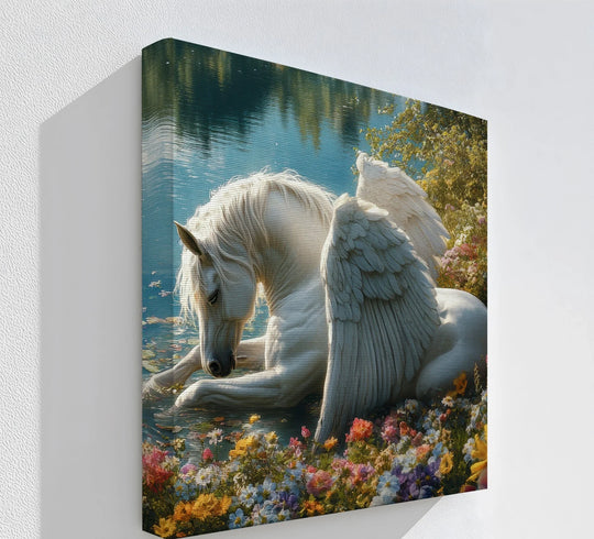 Gentle transition between azure lake and vibrant floral foreground defines this serene winged unicorn canvas art print, offering a stunning color palette.