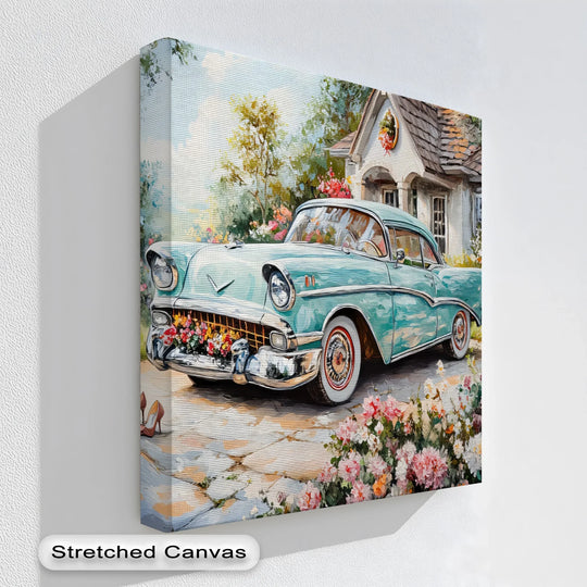 Visual rhythm emerges in this canvas artwork depicting a turquoise classic car, its curves echoed by the surrounding flower garden in a harmonious dance.