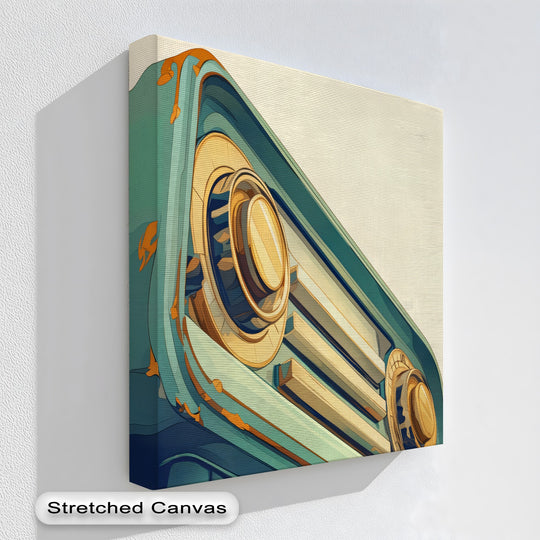 Canvas surface texture highlights the retro teal radio's design on these big canvas prints, emphasizing its vintage look and golden knobs.