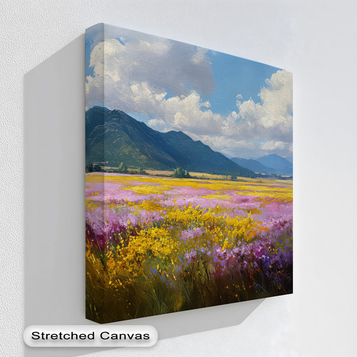 Valley Bloom – Wildflower Field and Mountain Landscape Canvas Print