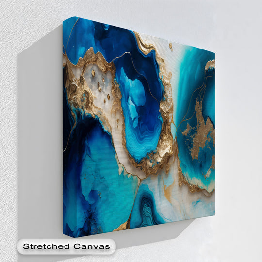 The smooth transition between deep blues, vibrant teals, and golden veins defines this luxury abstract ocean canvas painting.