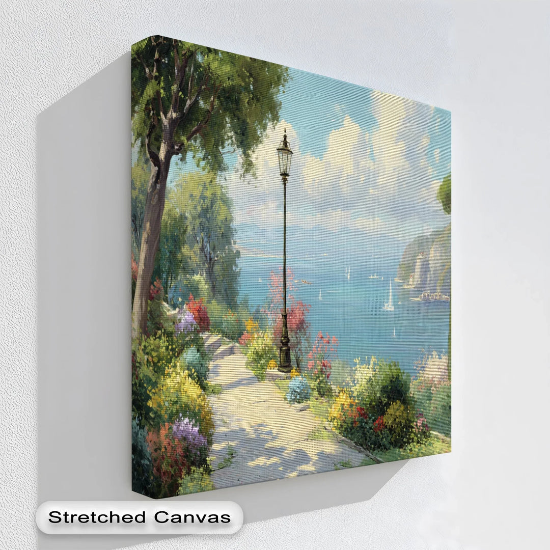 Mediterranean coastal canvas print with sea view garden path and sailboats

