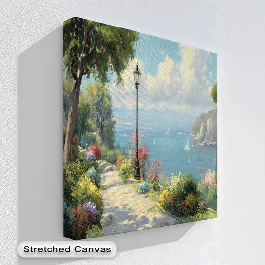 Softest clouds drift gently over the seascape in this big canvas prints of a Mediterranean coastal garden stroll, bringing a serene touch to the landscape.
