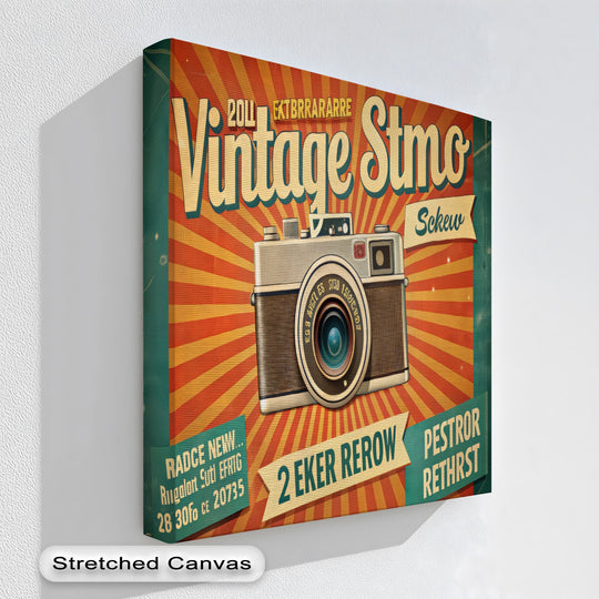 Retro sunburst background of the Flashback Pop framed canvas print highlights the camera poster design, creating a vintage focal point.