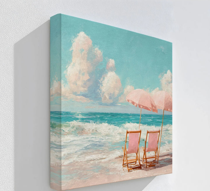 Serene Beach Escape with Pink Umbrellas – Seaside Canvas Print - MyPhotoStation