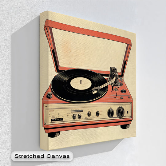 Crimson takes center stage in this retro turntable design, a high quality canvas prints of a vinyl record player invoking nostalgia for music lovers.