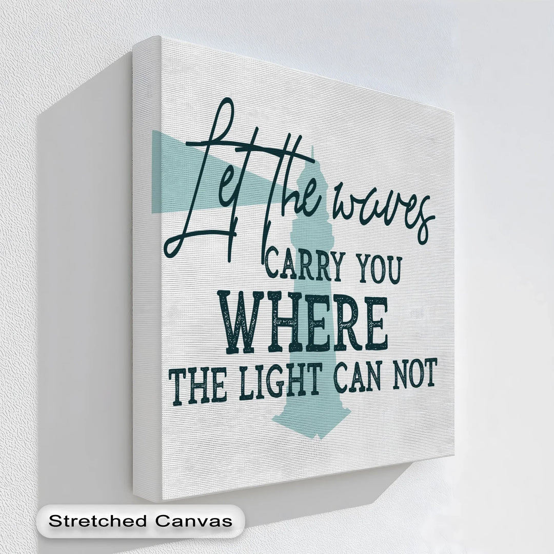 Ocean-inspired quote art with lighthouse and waves


