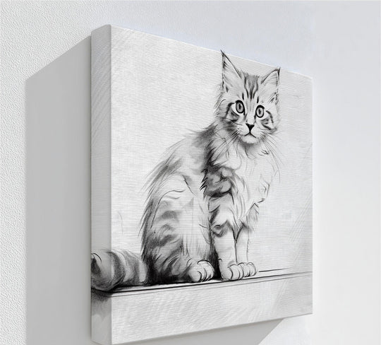 Square canvas art showcases a portrait of a fluffy kitten sketch, printed with a minimalist pencil style in black and white tones.
