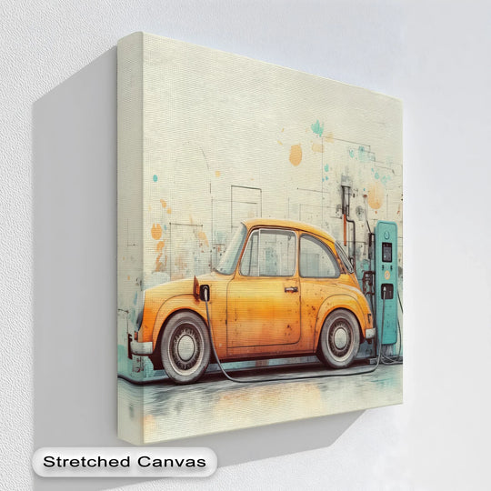 The abstract quality of this Electric Nostalgia car canvas print highlights the blend of vintage automotive charm and a playful, artistic backdrop in big canvas prints.