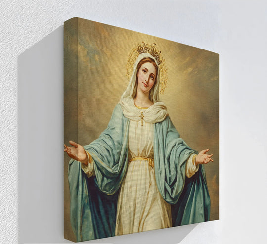 Soft color contrast enhances the premium canvas decor in this canvas print of Our Lady of Grace, featuring muted blues and golds against a serene background.