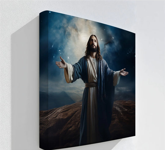 Brightest area illuminates the divine figure in this heavenly light Jesus under the night sky hanging canvas, creating a spiritually uplifting scene.