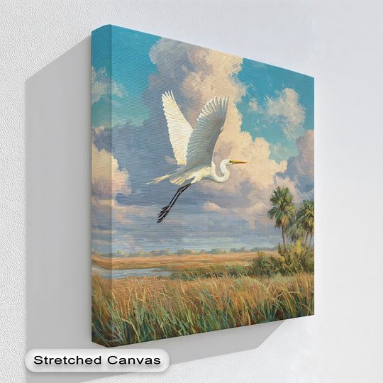 Evoking a serene and peaceful mood, this coastal landscape canvas artwork features a white heron in flight, creating an elegant nature bird wall art scene.