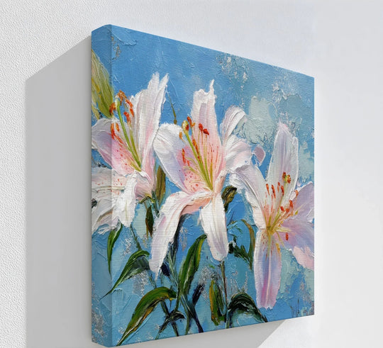 Darkest shadows define the depth of this blooming stargazer lilies high quality canvas prints, showcasing a pink and white floral design.