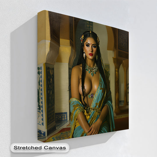 Stretched canvas emphasizes the jewel-toned erotic print, a regal, ready-to-hang piece showcasing the best canvas prints in oversized wall art.