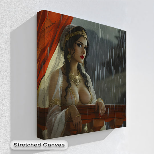 Elevated canvas wall art finish highlights the erotic 'Velvet Rain' image of the woman on the balcony, providing a stunning, frameless view of this canvas art.