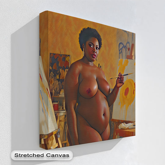 Highlighting the realistic detail, this big canvas prints artwork showcases a nude abstract figure in a vibrant, bold strokes studio scene on a stretched canvas.